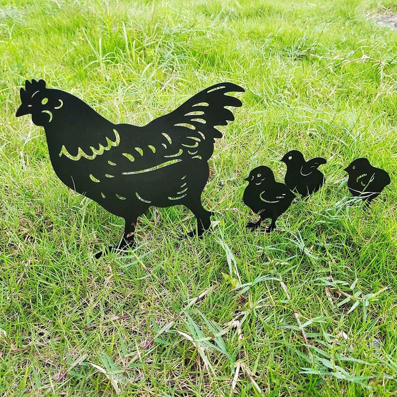foto del prodotto fortuneville - pollame madre e parti di pulcino ornamento da giardino figurine da giardino, palo con sagoma di animale pulcino, statue decorative da giardino di pollo in metallo arrugginito, figurine a forma di poll
