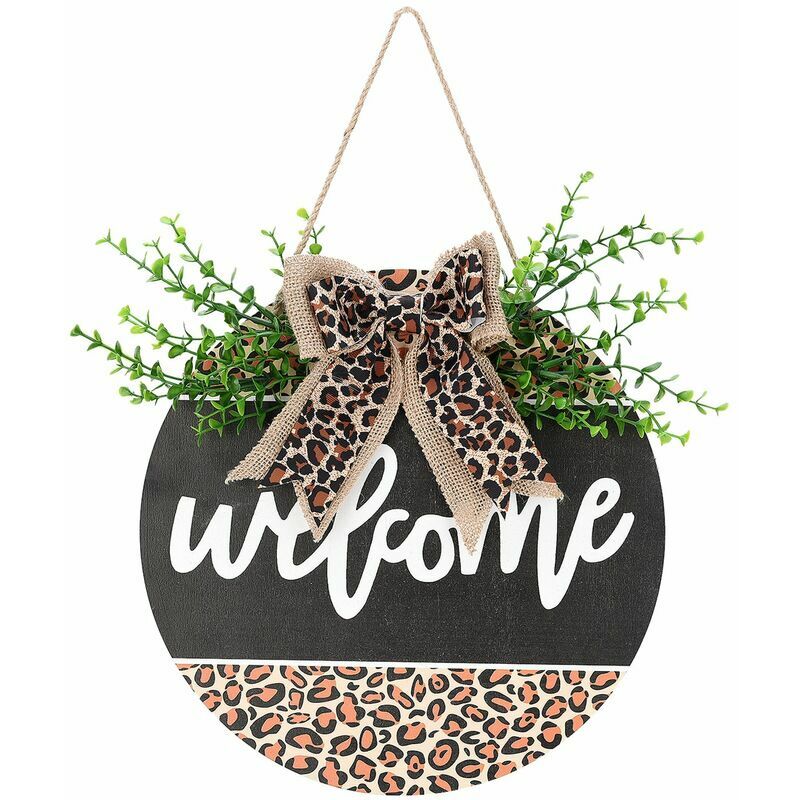foto del prodotto fortuneville porta di benvenuto ciondolo porta in legno targa stampa leopardo modello lettere di benvenuto appeso porta cordino rustico portico