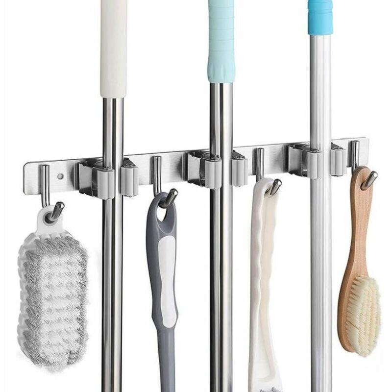 foto del prodotto fortuneville porta scopa da muro in acciaio inox, appendino per scopa da muro con 3 fessure e 4 ganci per cucina, bagno, garage e giardino, grigio,