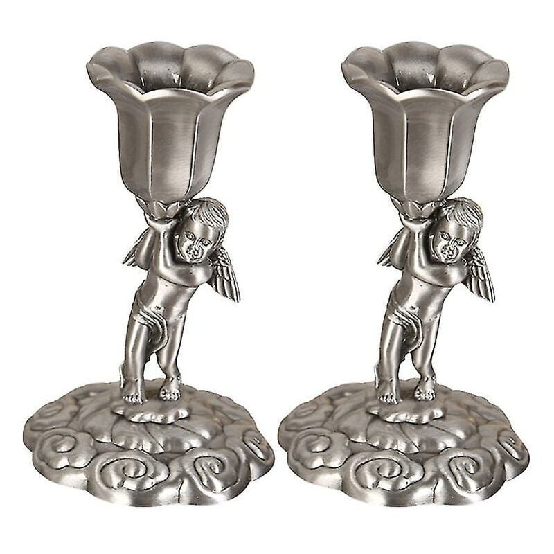 foto del prodotto fortuneville portacandele angelo vintage in metallo in lega di zinco candeliere 2 pezzi ornamento artigianaleargento