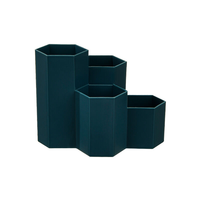foto del prodotto fortuneville portapenne esagonale in plastica, organizer per matite, contenitore per matite di cancelleria multifunzione, portamatite blu scuro 
