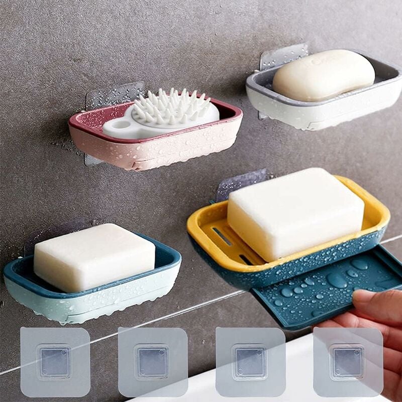 foto del prodotto fortuneville portasapone con scarico, 4 pezzi portasapone mantieni il sapone asciutto, per cucina, bagno e doccia.4 colori, portasapone adesivo da