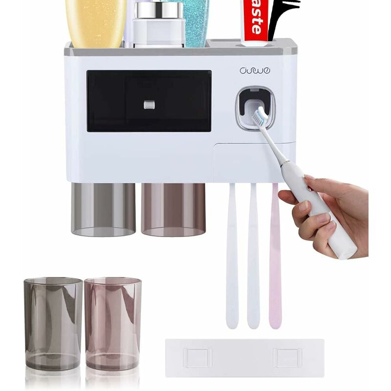 foto del prodotto fortuneville portaspazzolino da parete con dispenser di dentifricio, bicchiere trasparente, cassetto per cosmetici e 6 7 slot per spazzolini,