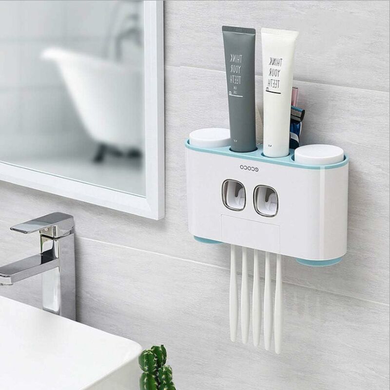 foto del prodotto fortuneville portaspazzolino da parete senza trapano, dispenser per dentifricio e slot multifunzione per bagno, 2 spremiagrumi con 5 spazzolini con