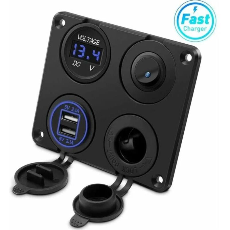 foto del prodotto fortuneville presa accendisigari, doppia porta usb 4,2 a, presa cc 12 v, interruttore e voltmetro con display led, presa di corrente per