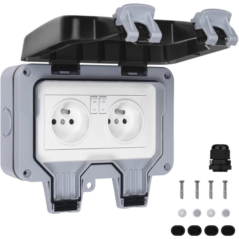 foto del prodotto fortuneville presa impermeabile ip66 monopezzo impermeabile da esterno doppia presa con interruttore grigio 