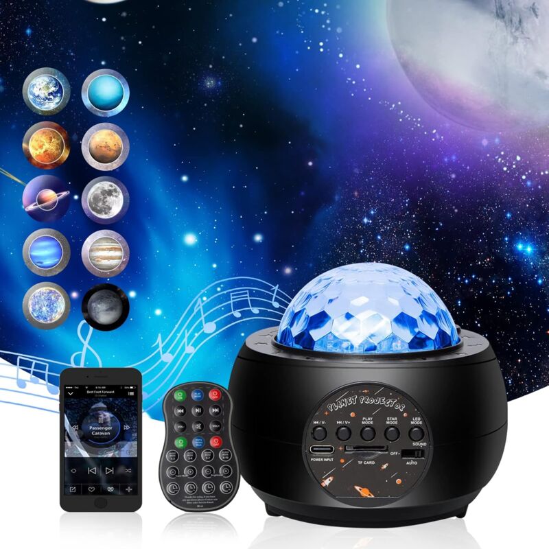 foto del prodotto fortuneville proiettore cielo stellato, proiettore spaziale, proiettore planetario, proiettore galaxy wave 3 in 1, luce notturna telecomandata,