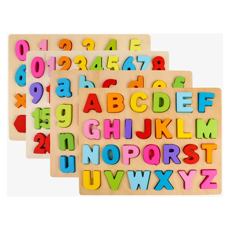 foto del prodotto fortuneville puzzle in legno 4 pezzi alfabeto in legno e giocattolo per l apprendimento dei numeri per l apprendimento delle lettere, l abbinamento