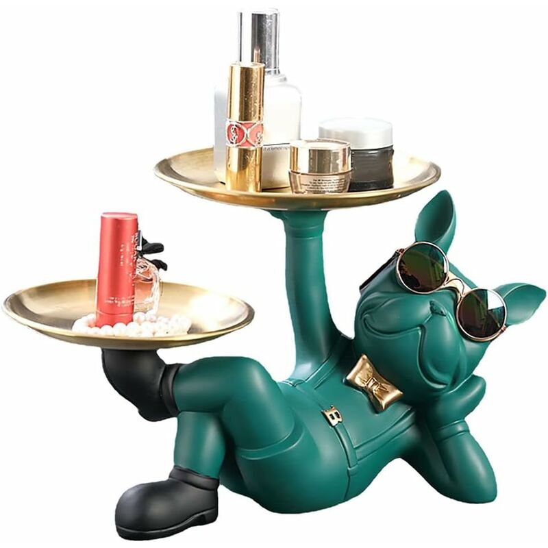 foto del prodotto fortuneville resina ornamenti statua bulldog francese fondo antiscivolo, con 2 vassoi statue multifunzione ornamento per contenitore chiave candy