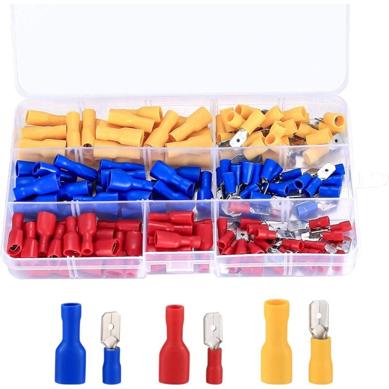 foto del prodotto fortuneville rosso, giallo, blu, 150 pezzi set connettori per cavi a crimpare, terminali elettrici assortiti, terminali a crimpare isolati,