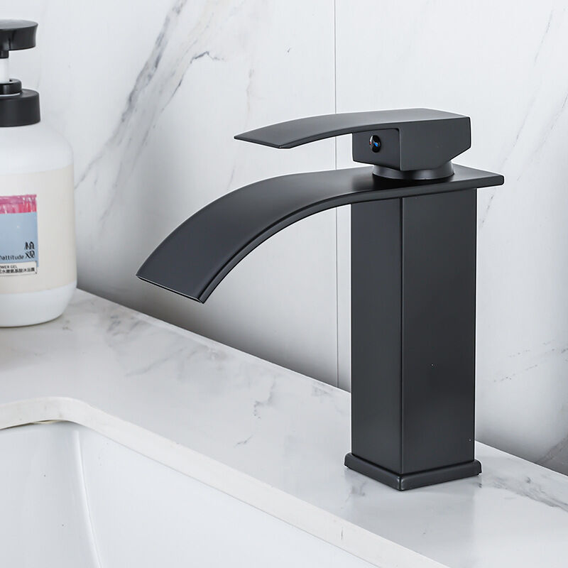 foto del prodotto fortuneville rubinetto a cascata con vernice nera rubinetto da tavolo caldo e freddo gabinetto del bagno rubinetto monoforo nero corto