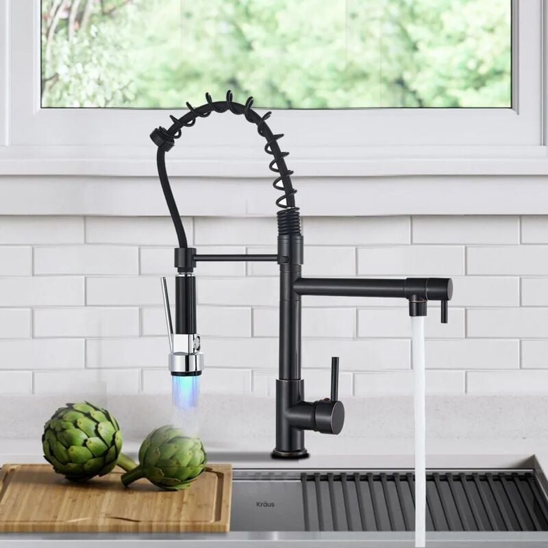 foto del prodotto fortuneville rubinetto da cucina a led nero, girevole a 360 con soffione, rubinetto da cucina estensibile