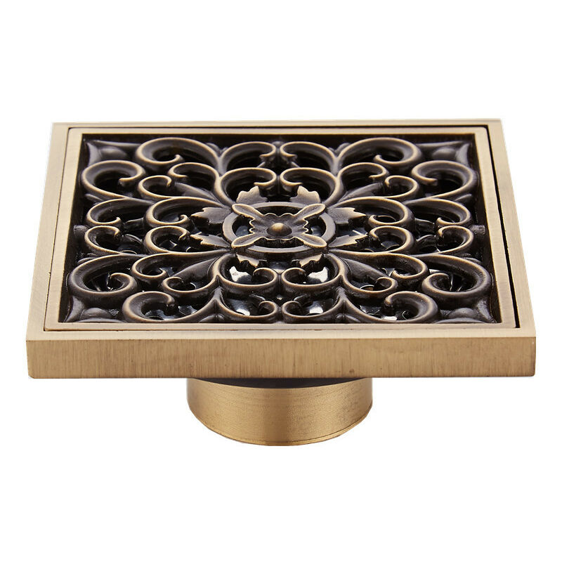 foto del prodotto fortuneville scarico a pavimento per bagno in ottone scarico per doccia quadrato singolo intagliato a fiore antico per wc da giardino 10 x