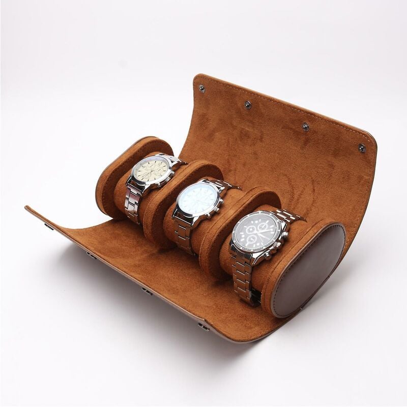 foto del prodotto fortuneville scatola portaoggetti vintage portatile in ecopelle 3 scomparti per orologi da polso custodia da viaggio per esterni marrone