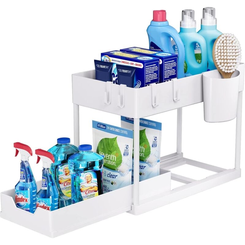 foto del prodotto fortuneville set di 1, mensola portaoggetti da cucina, mensola sottolavello a 2 ripiani per bagno cucina, portaoggetti sottolavello bianco