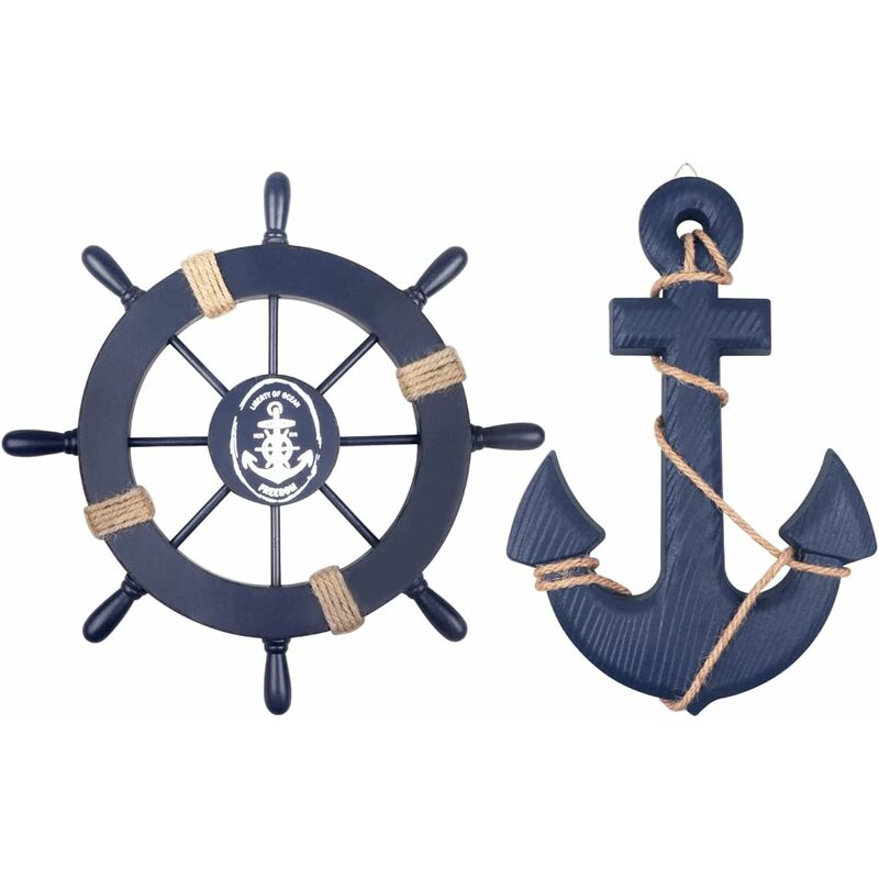 foto del prodotto fortuneville set di 2 volanti per barca in legno da 28 cm e ancora in legno da 33 cm con corda, timone per barca, decorazione da appendere alla
