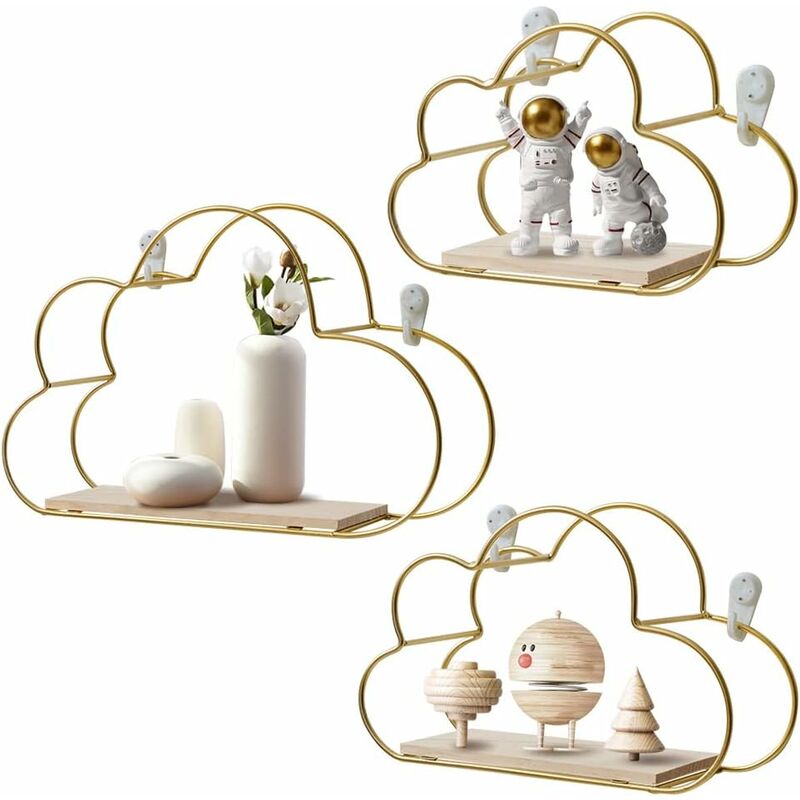 foto del prodotto fortuneville set di 3 mensole da parete a nuvola, mensole sospese in metallo e legno, organizer da parete per cucina, bagno, camera da letto