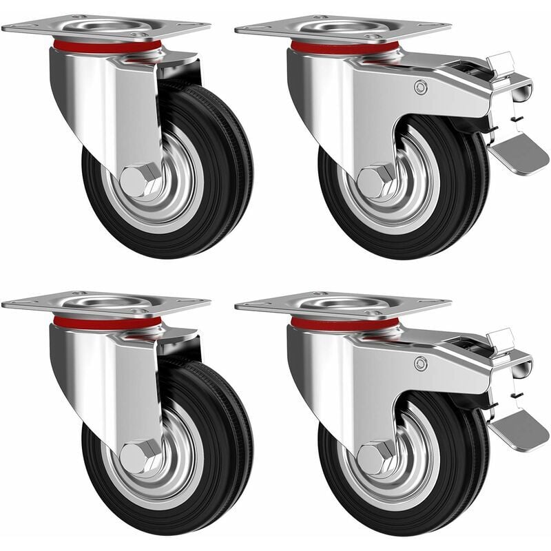 foto del prodotto fortuneville set di 4 ruote girevoli 75 mm con freno ruote per mobili fino a 200 kg resistenti gomma per uso interno ed esterno ruote