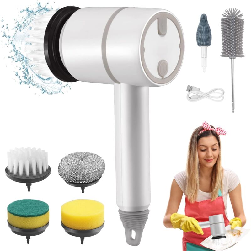 foto del prodotto fortuneville - spazzola per pulizia elettrica, spazzola per pulizia senza fili con 5 testine sostituibili, spazzola per pulizia trapano per cucina domestica(bianco)