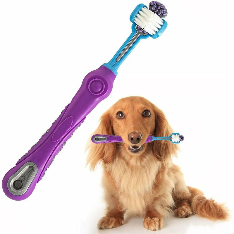 foto del prodotto fortuneville spazzolino da denti per animali domestici, spazzolino a tre teste con manico antiscivolo, pulizia dei denti per cani e gatti viola 