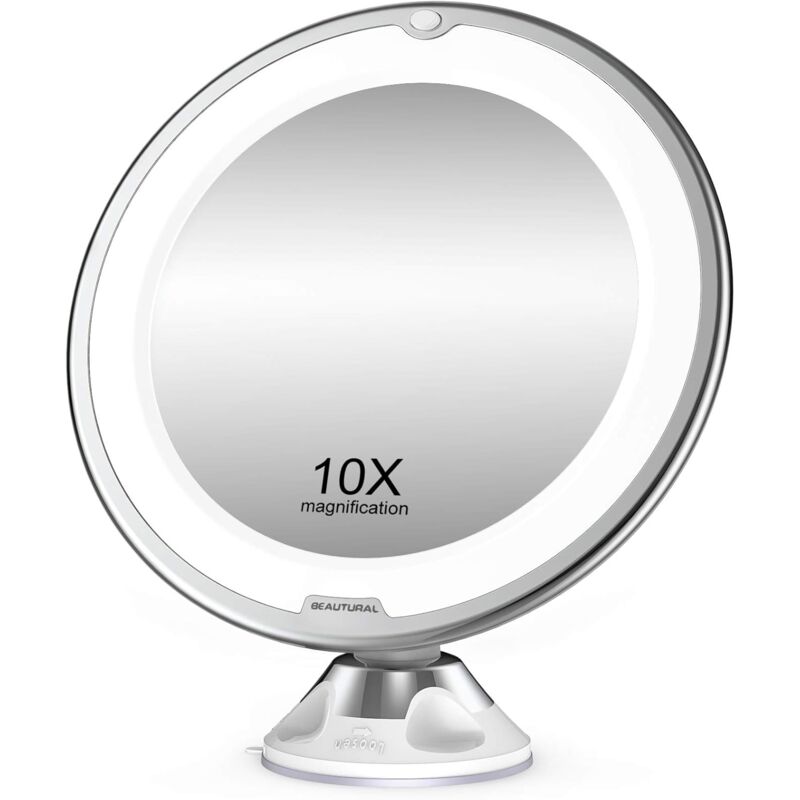 foto del prodotto fortuneville specchio da trucco ingranditore 10x con luce led, 1 giunto sferico, specchio da trucco portatile regolabile a 360 per bagno e