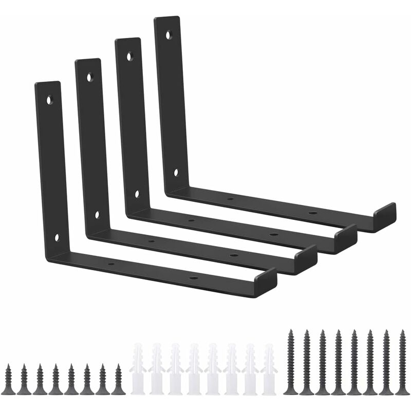 foto del prodotto fortuneville staffe per mensole in metallo nero, set di 4 staffe per mensole a forma di l angolate per impieghi gravosi da 200 mm per libri montati