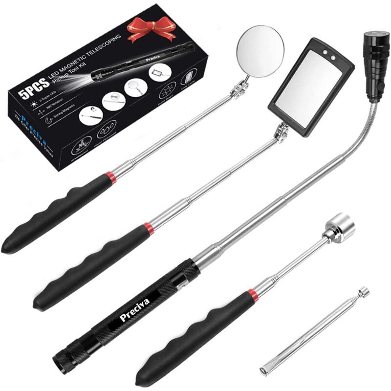 foto del prodotto fortuneville strumento di raccolta telescopico magnetico da 5 pezzi, kit di strumenti espandibile con luce led, incluso specchio di ispezione