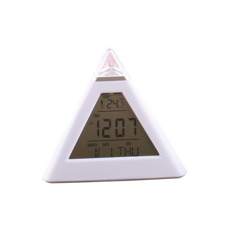 foto del prodotto fortuneville sveglia digitale a led a 7 colori che cambiano, luce notturna, display della temperatura, forma piramidale, orologio da tavolo