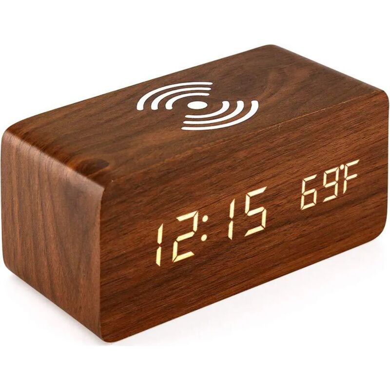 foto del prodotto fortuneville sveglia digitale in legno con caricabatterie wireless, orologio digitale in legno con controllo vocale snooze data temperatura e per