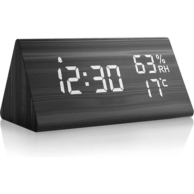 foto del prodotto fortuneville sveglia digitale in legno con snooze data temperatura e umidit nera