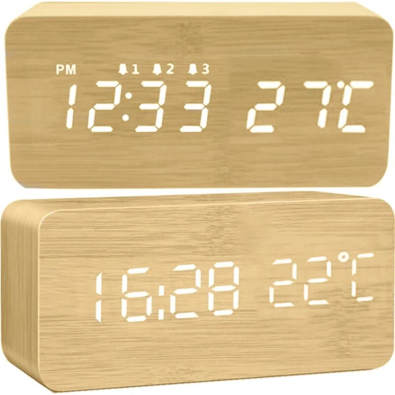 foto del prodotto fortuneville sveglia digitale in legno effetto legno 3d led orologio da parete digitale orologio da parete data temperatura 12h 24h sveglia usb