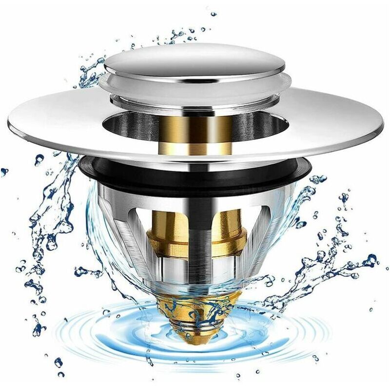 foto del prodotto fortuneville tappo universale per lavandino, scarico a scomparsa in acciaio inox con 2 guarnizioni per tappo per lavandino da 32 e 38 mm 1 pz. 
