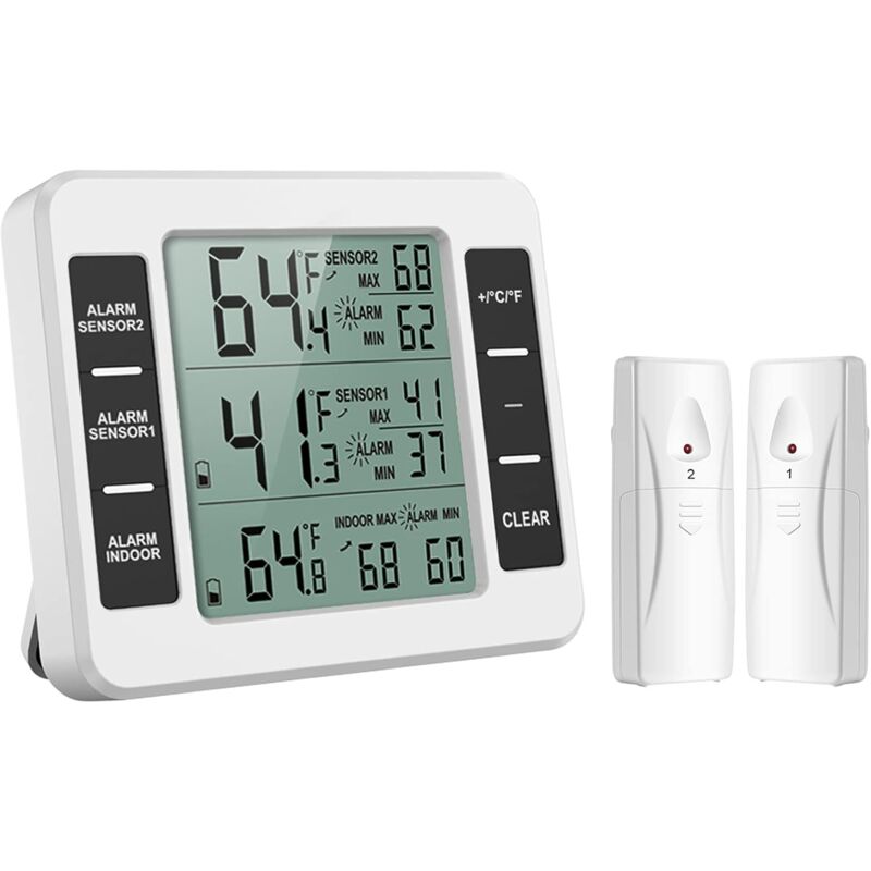 foto del prodotto fortuneville termometro per frigorifero e congelatore, termometro per frigorifero wireless con 2 sensori, allarme sonoro minimo massimo, termometro