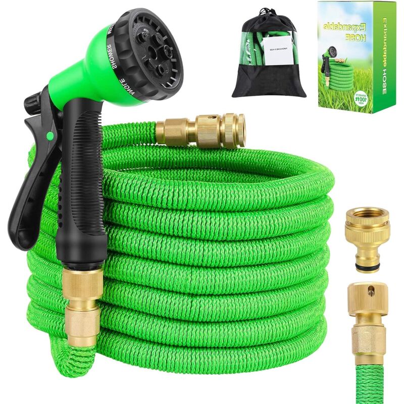 foto del prodotto fortuneville tubo estensibile da giardino in poliestere espandibile, con 8 getti diversi, fatto in 3 strati di lattice, connettori in rame puro
