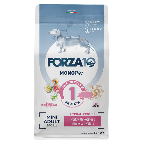foto del prodotto forza10 monodiet mini adult low grain hypoallergenic maiale con patate 1,5 kg 1 ordine scegli lo sconto bzr5 bzr20 200 punti fedelt 