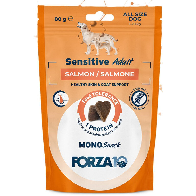 foto del prodotto forza10 monosnack sensitive per cani all breeds con salmone da 80
