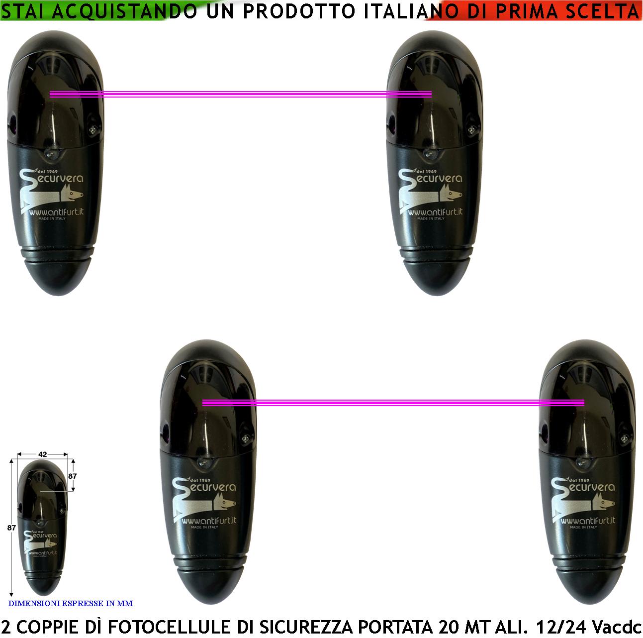 foto del prodotto fotocellule 2 coppie dispositivi di sicurezza per automatismo cancello portata 20 metri tx e rx lineari montaggio a parete o palina alimentazione 12/24 vac