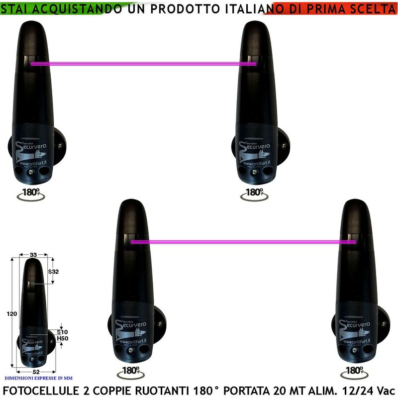foto del prodotto fotocellule orientabili 180 in orizzontale due coppie tx e rx portata 20 metri controllo movimento sicurezza cancello automatico montaggio a parete