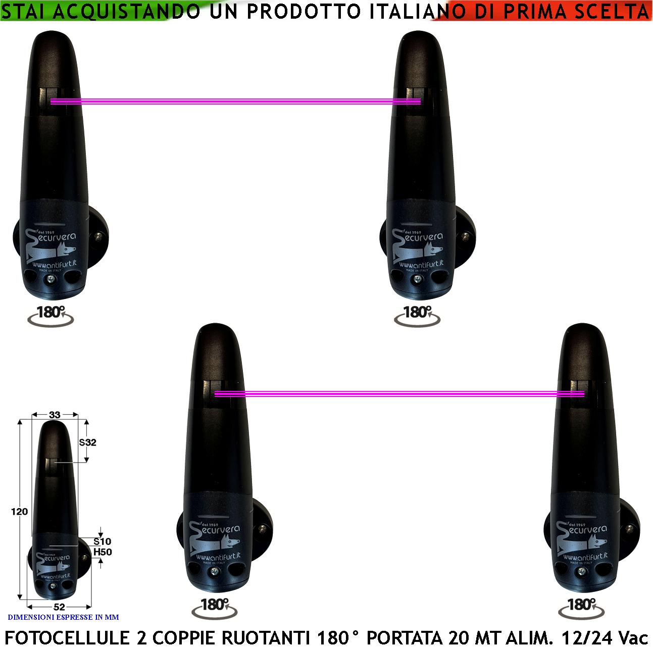 foto del prodotto fotocellule sicurezza controllo cancello elettrico automatico due coppie tx e rx portata 20 metri lineari orientabili 180 in orizzontale montaggio a parete oppure palina alimentazione 12 24 vac ip44