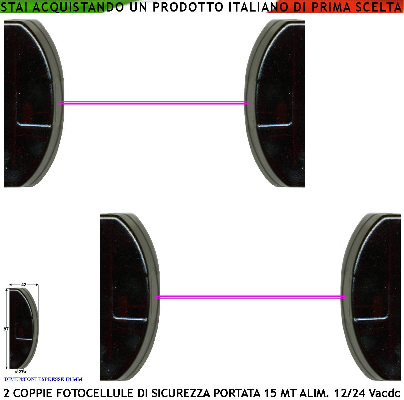 foto del prodotto fotocellule sicurezza e controllo cancello elettrico automatico 2 coppie tx e rx cellula130 portata 15 metri montaggio a parete o palina alimentazione 12/24 vac