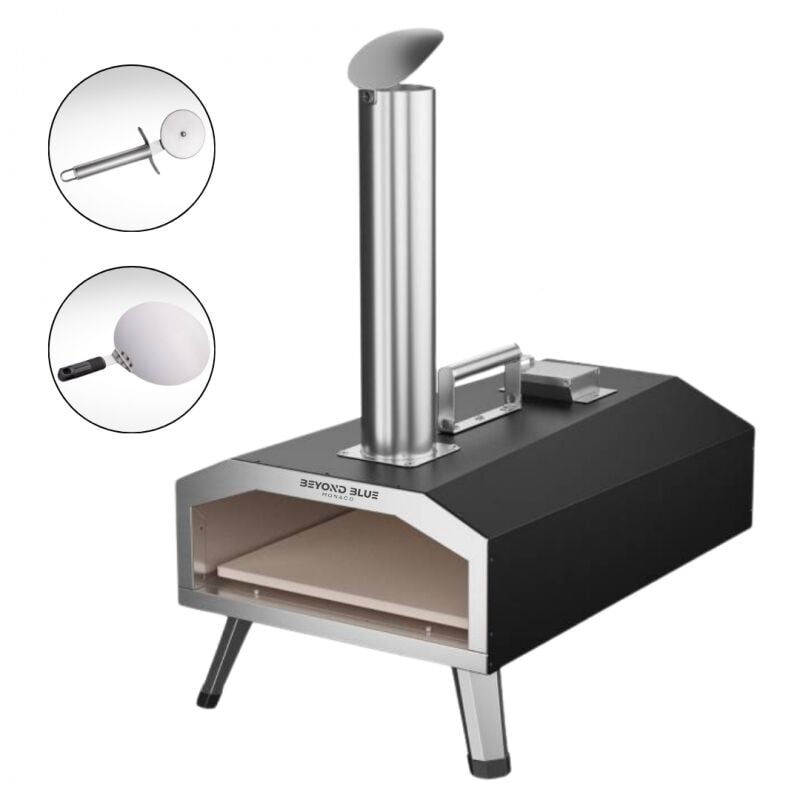 foto del prodotto four pizza portable pellet acier inoxydable noir et gris avec roulette et pelle