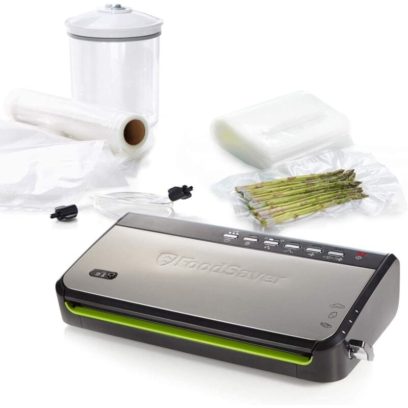 foto del prodotto fp foodsaver macchina sottovuoto ffs005x con vano portaoggetti per rulli e taglierine, funzione a impulsi per alimenti fragili, include accessori e