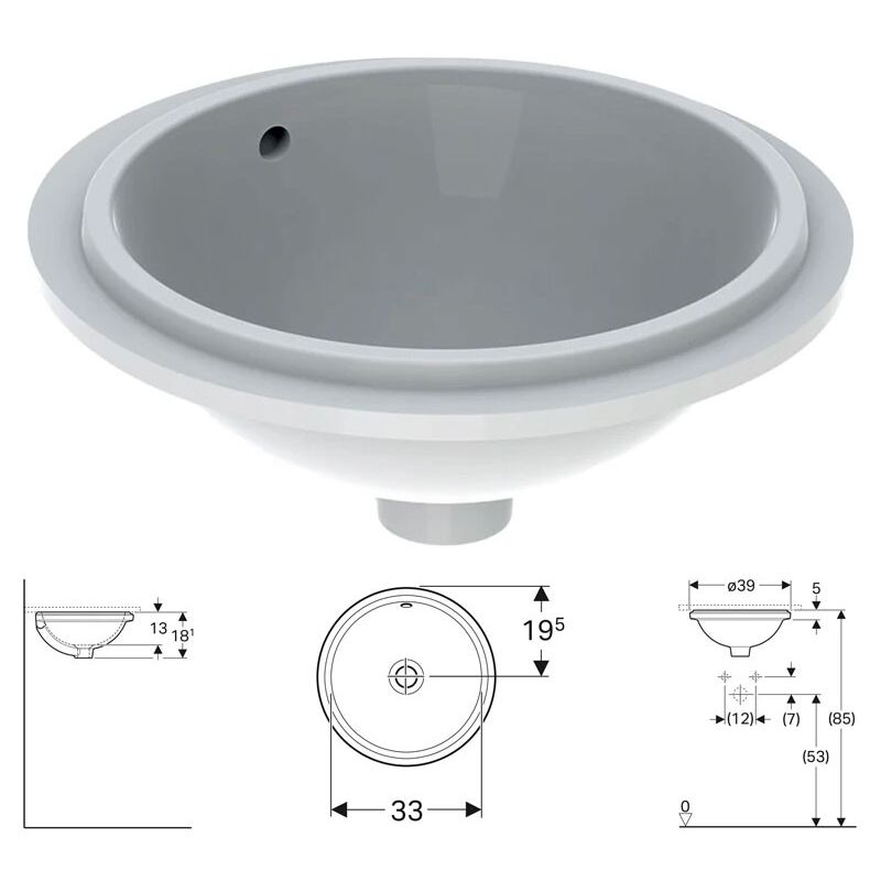 foto del prodotto fp geberit variform lavabo rotondo sottopiano da incasso 39 cm, senza foro rubinetteria, con troppopieno, colore bianco finitura lucido 500.744.01.2