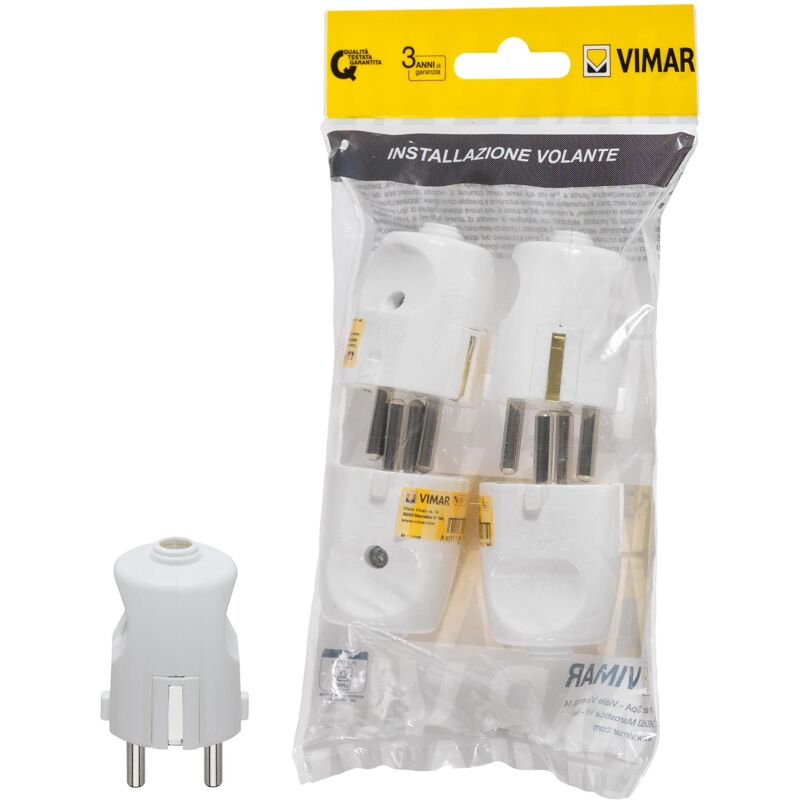 foto del prodotto fp00230.b spina schuko 2p t 16 a 250 v 4 pezzi, standard tedesco, uscita cavo assiale, bianco vimar