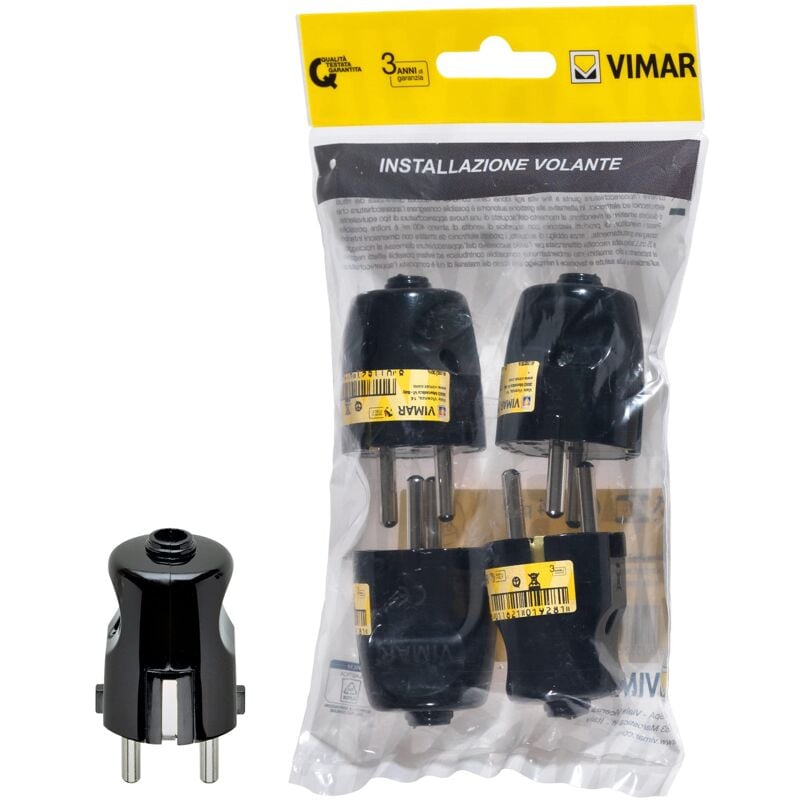 foto del prodotto fp00230 spina schuko 2p t 16 a 250 v 4 pezzi, standard tedesco, uscita cavo assiale, nero vimar