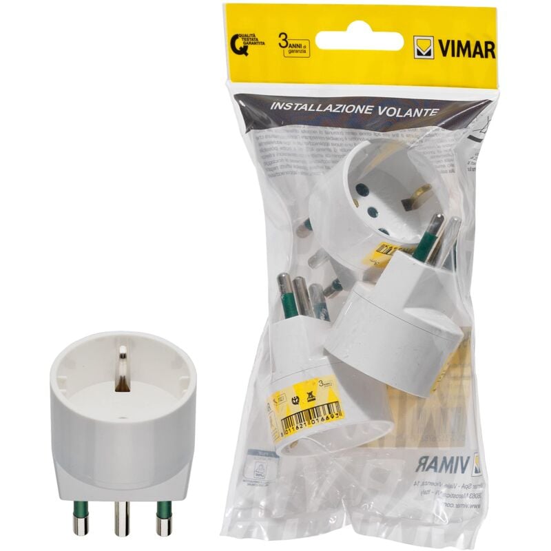 foto del prodotto fp00303.b adattatore semplice sicury 250 v 3 pezzi, spina grande 2p t 16 a standard it tipo s17, presa 2p t 16 a standard it tipo p30 vimar