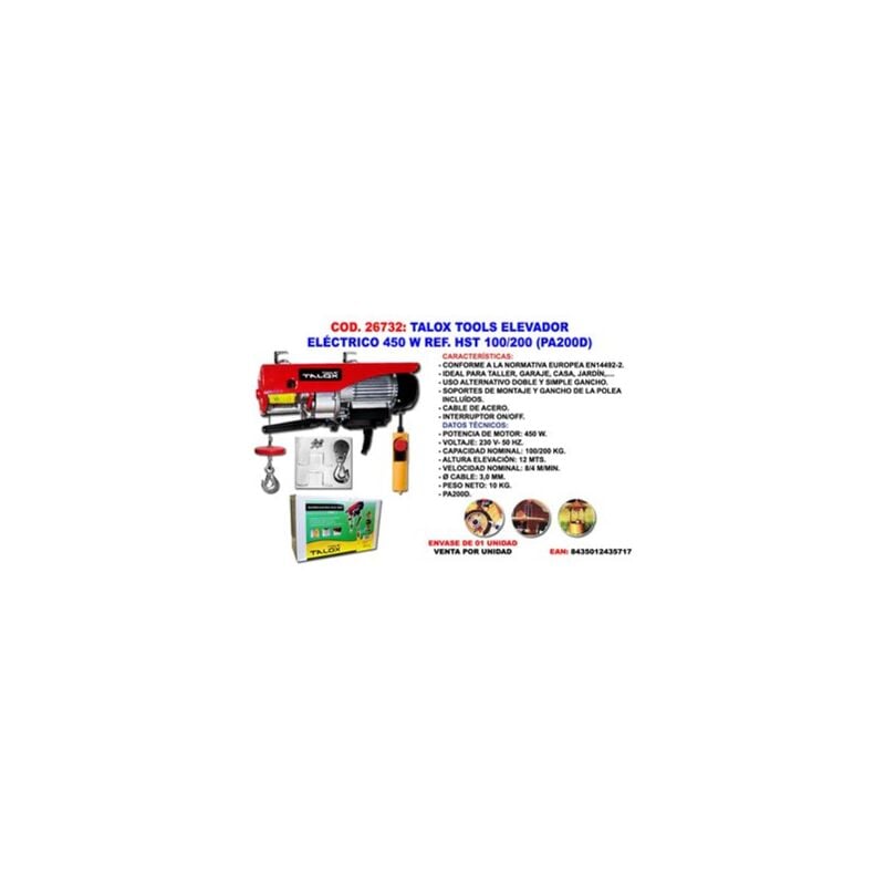 foto del prodotto fplus paranco elettrico talox 450 w 100 200 kg pa200d
