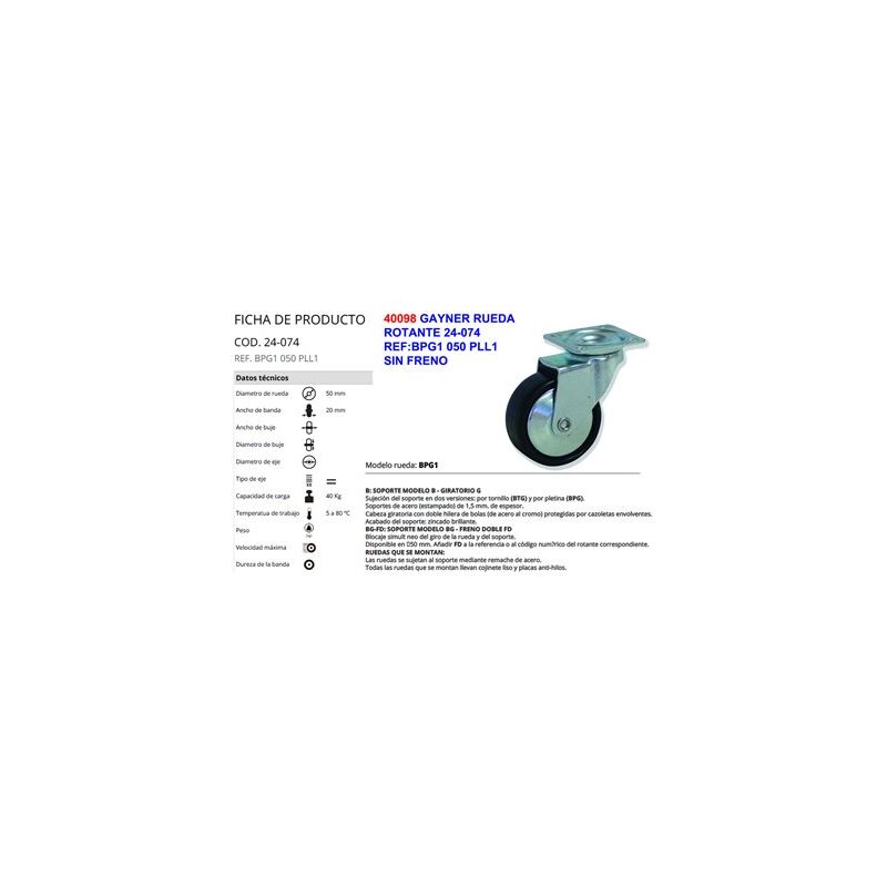 foto del prodotto fplus ruota gayner 24 074 rif bpg1 050 pll1 senza freno