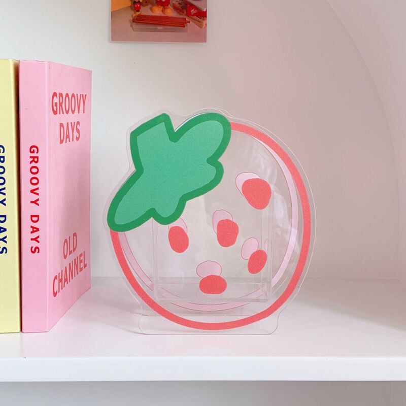 foto del prodotto fragola portapenne cartone animato vaso acrilico scatola portaoggetti trasparente vaso trasparente portapenne acrilico pennello trucco ragazza