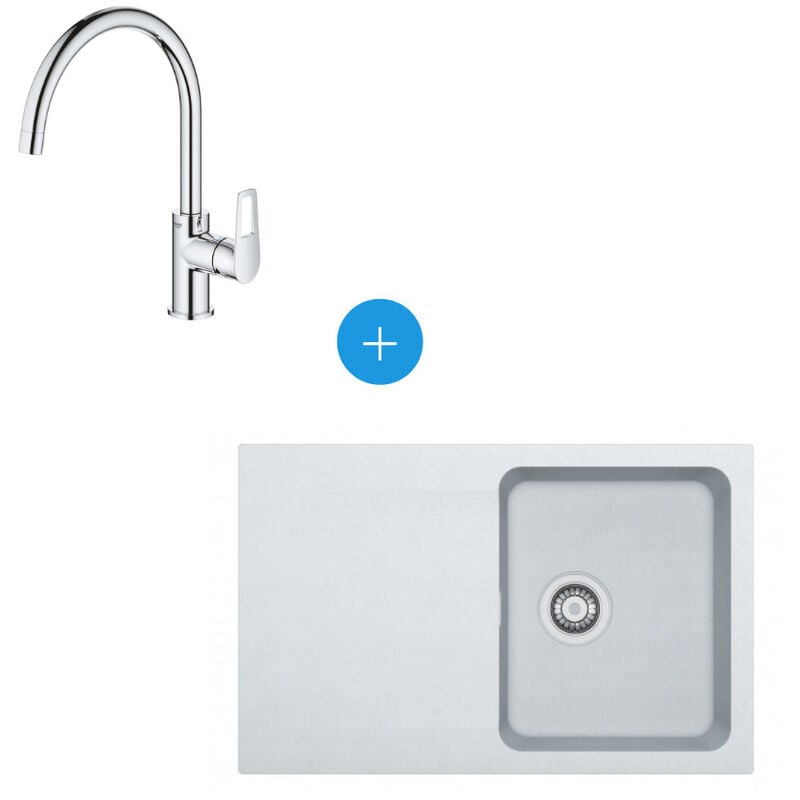 foto del prodotto franke kit tectonite orion lavello a incasso, 780x500 mm, bianco polare grohe bauloop miscelatore a collo di cigno, cromo
